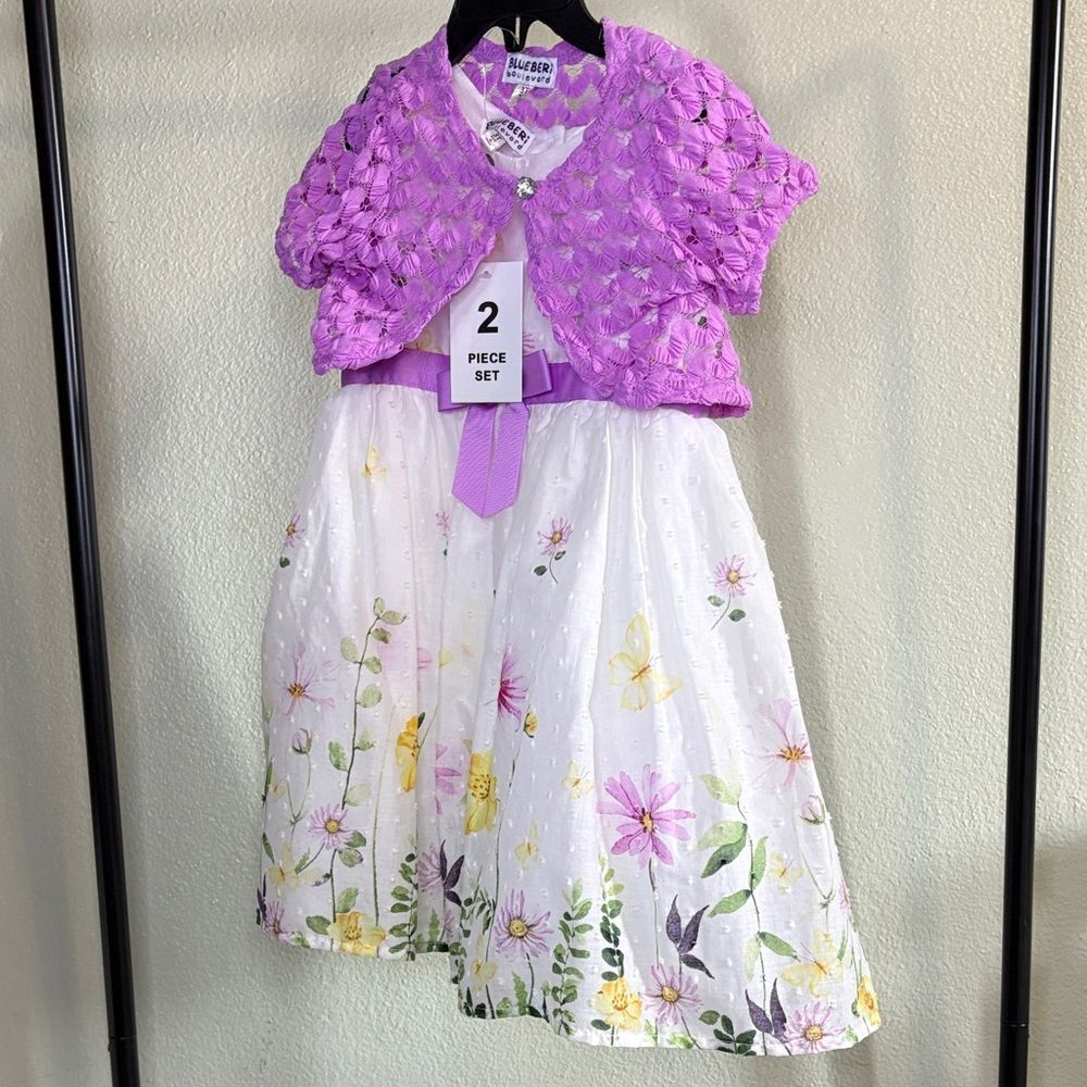 Blueberi Boulevard Girls' Purple Crochet Top & Floral Dress Set - NWT - Size 3T
